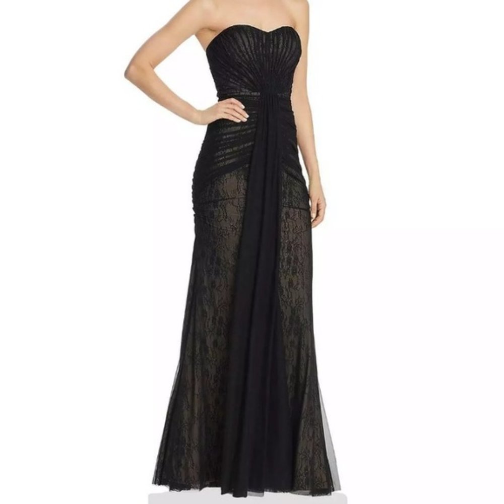 Aidan Mattox Strapless Sweetheart Lace Gown With Net Overlay In Black/Nude